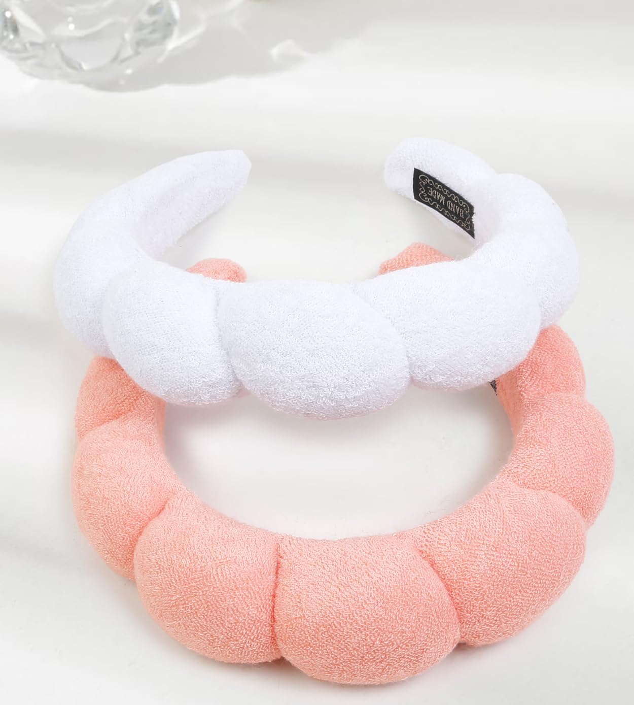 Huachi Spa Headbands for Washing Face Makeup Headband, Set of 4 Puffy Terry Cloth Women Girls Skincare Headband and Wrist Band Bubble Sponge Face Wash Hair Accessories (Pink & White)