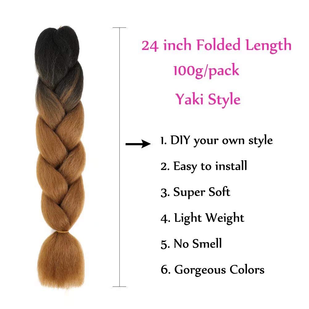 FEEL ME 3 Packs Jumbo Braids Hair Extensions Ombre Crochet Hair 24inch Long Synthetic Jumbo Braiding Hair High Temperature Fiber Crochet Braids Black to Brown