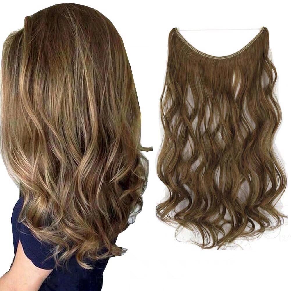 iLUU Hair Extensions Natural Synthetic Hair 18inch 80g Long Thick Wavy Hairpieces #12/24 Light Golden Brown and Golden Blonde Piano Color Invisible Fish Line Wire Curly Hair Extensions for Women