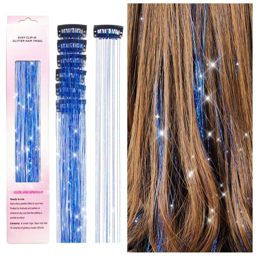 Clip in Hair Tinsel Kit, POROLIR 6Pcs Glitter Fairy Tinsel Hair Extensions 20 Inch Shiny Hair Tinsel Heat Resistant, Sparkly Strands Hair Accessories, Festival Gift for Women Girls Kids, Sapphire Blue