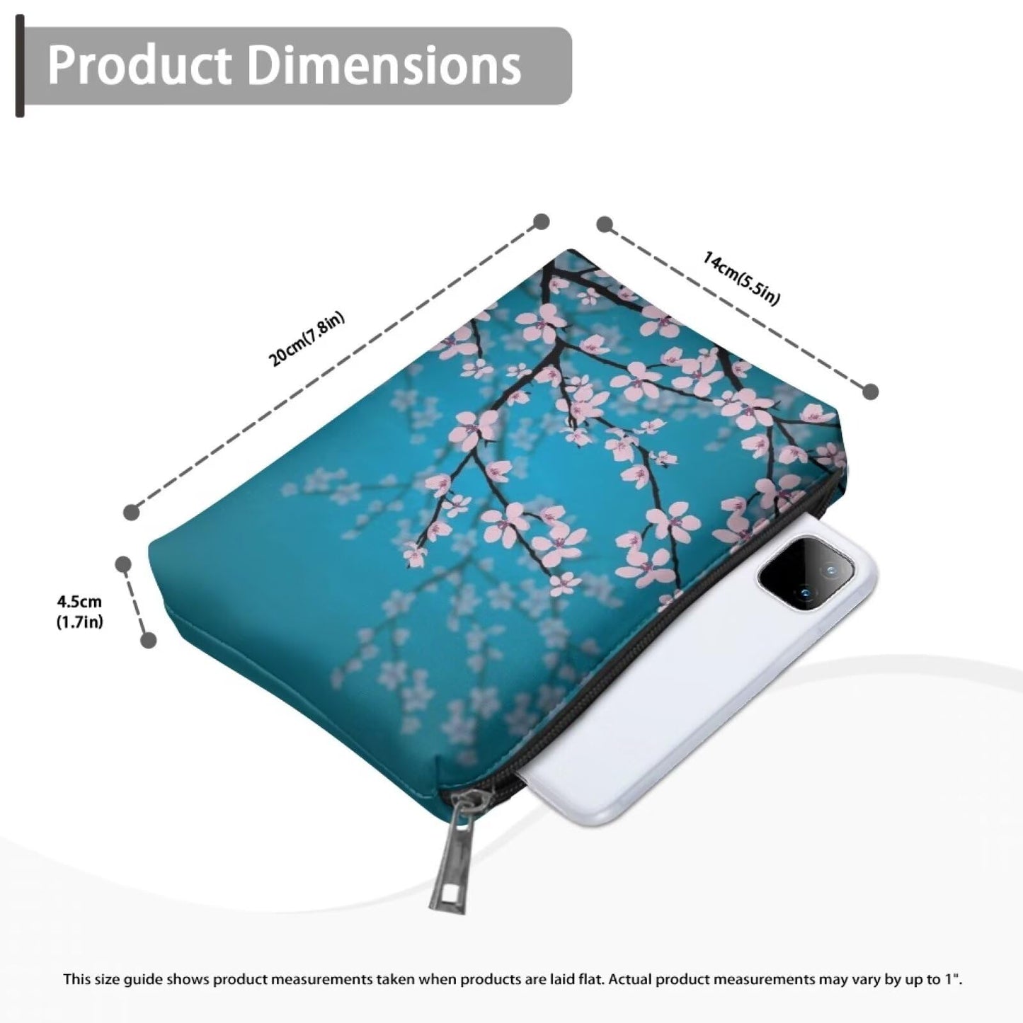 ELEDIZI Cherry Blossom Makeup Bag Blue Floral Cosmetic Bag Portable Travel Toiletry Cosmetic Bag Case for Women Skincare Zipper Bag Cute Makeup Pouch for Purse Clutch Bag for Women Casual Nice Gifts