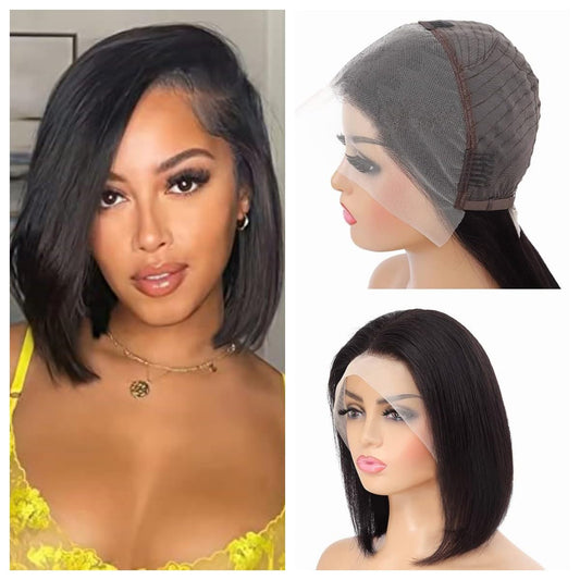 MYouan Glueless Bob Wig Human Hair Really Big 13x4 HD Lace Front Wigs 180% Density Pre Plucked with Baby Hair Natural Black 12 inches