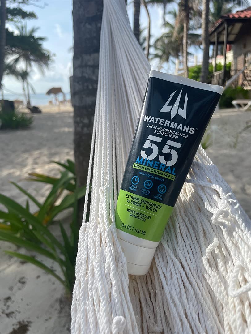 Watermans Mineral SPF 55 Sunscreen with Zinc, Aqua-Armor, Broad Spectrum Sunscreen for Face and Body, Reef Safe Sunscreen, Water Resistant, Mineral Sunscreen