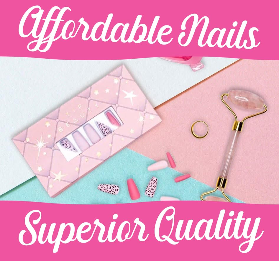 Tip Beauty Fake Nails Collections | 28 Faux Nails & Specialized Nail Glue | Quick Drying Professional Salon Quality Glue On Fake Nail Kit | Faux Nails for Women, (Coffin, Flower Power)