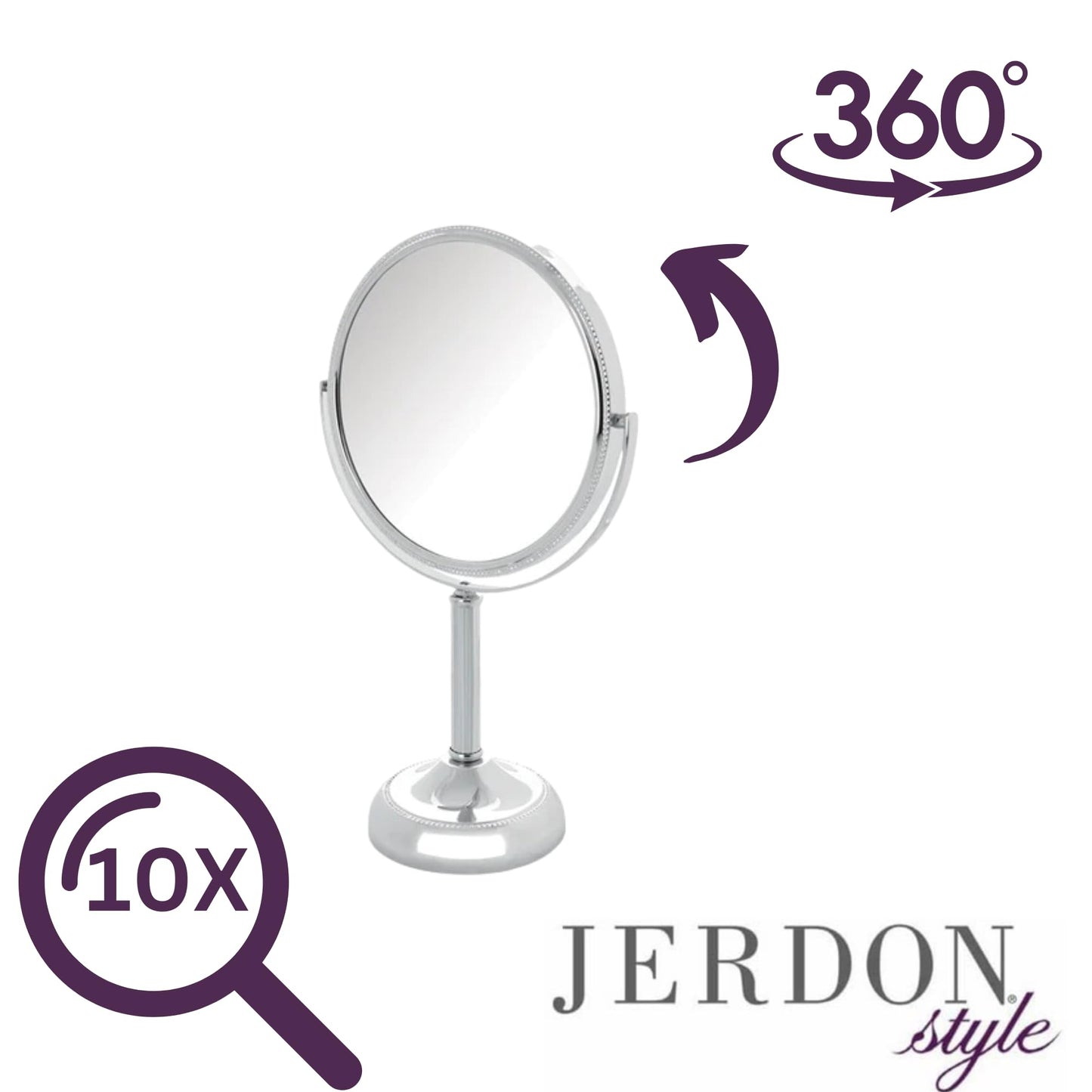 JERDON Two-Sided Tabletop Makeup Vanity Mirror - 10X-1X Magnification & Swivel Design - 6-Inch Diameter Portable Mirror – Polished Chrome Finish - Model JP910CB