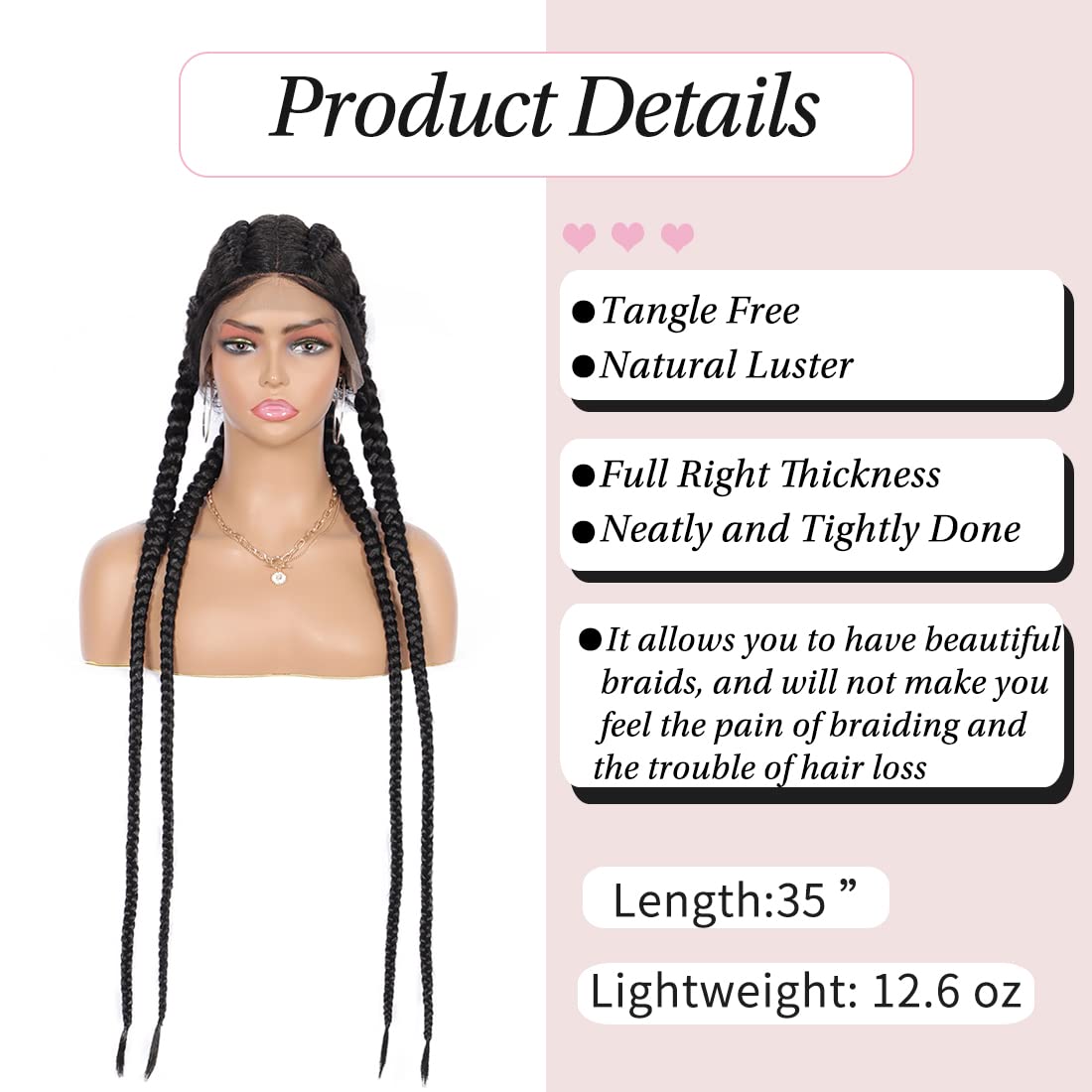 Kalyss 35" Hand-Braided Human Hair Blended Lace Front Box Braided Wigs with 360 Lace Front Black Double Dutch Braided Wigs for Women Heat Resistant Lightweight Twisted Braids Wig