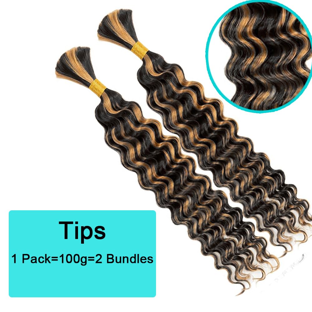 Ombre Human Braiding Hair 1b/27 Highlight Brown Deep Wave Bulk Human Hair for Braiding 100g 2Bundles/Pack No Weft Curly Braiding Hair Bulk Curly Human Hair for Boho Braids (1b/27,20 Inch)