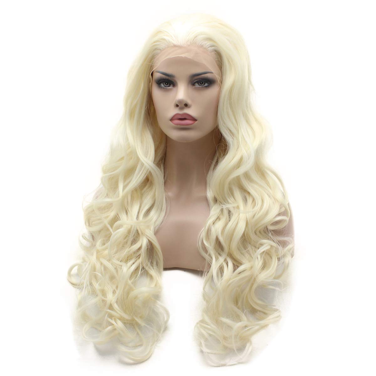 Lushy Wavy Long Light Blonde White Mix Wig Half Hand Tied Heat Resistant Synthetic Lace Front Wigs