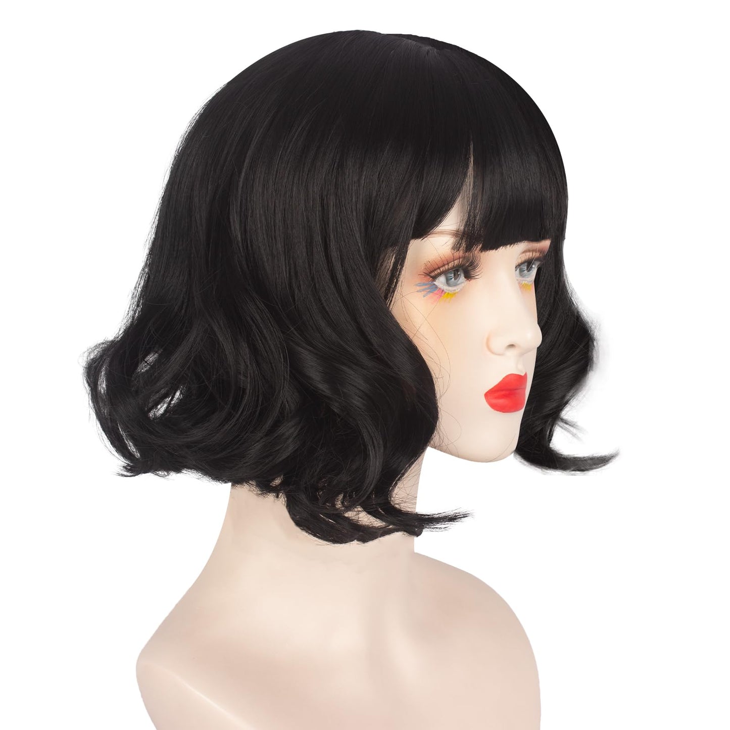 Askuang Short Curly Wavy Black Wig With Bangs for Women Short 12 Inches Black Wig with Bangs for Girls Halloween Costume Parties Cosplay