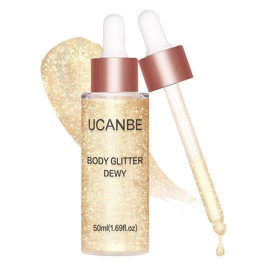 UCANBE Hydrating Body Shimmer Face Glitter Highlighter Makeup Liquid Glow Lotion for Women Holographic Luminizer for Hair for Valentine's Day Gifts (Champagne Gold #01)