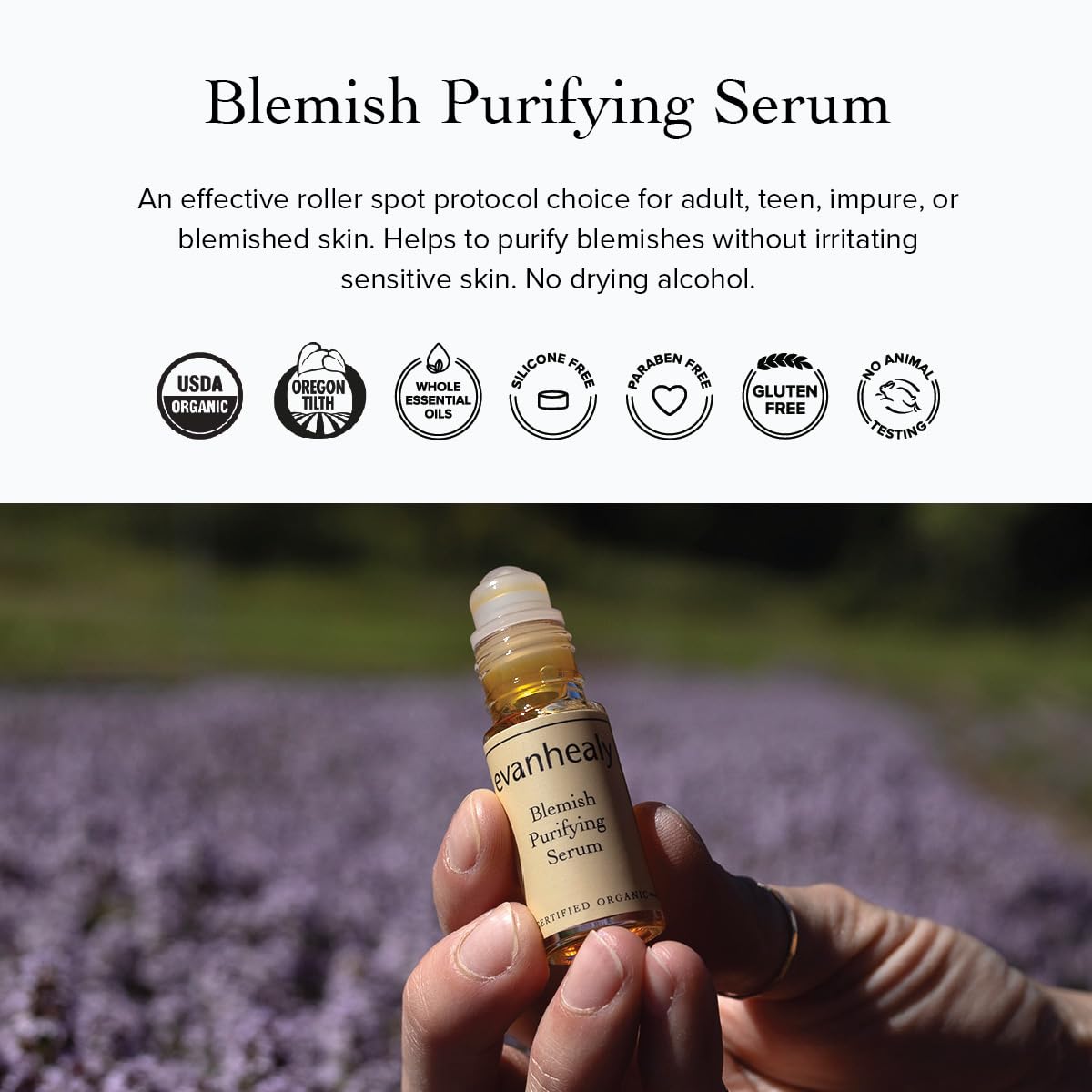 evanhealy Blemish Purifying Serum | Organic Facial Serum Roll-On for Blemishes | Natural Spot Treatment with Essential Oil for Oily & Sensitive Skin | Rosehip Seed Oil & No Drying Alcohol