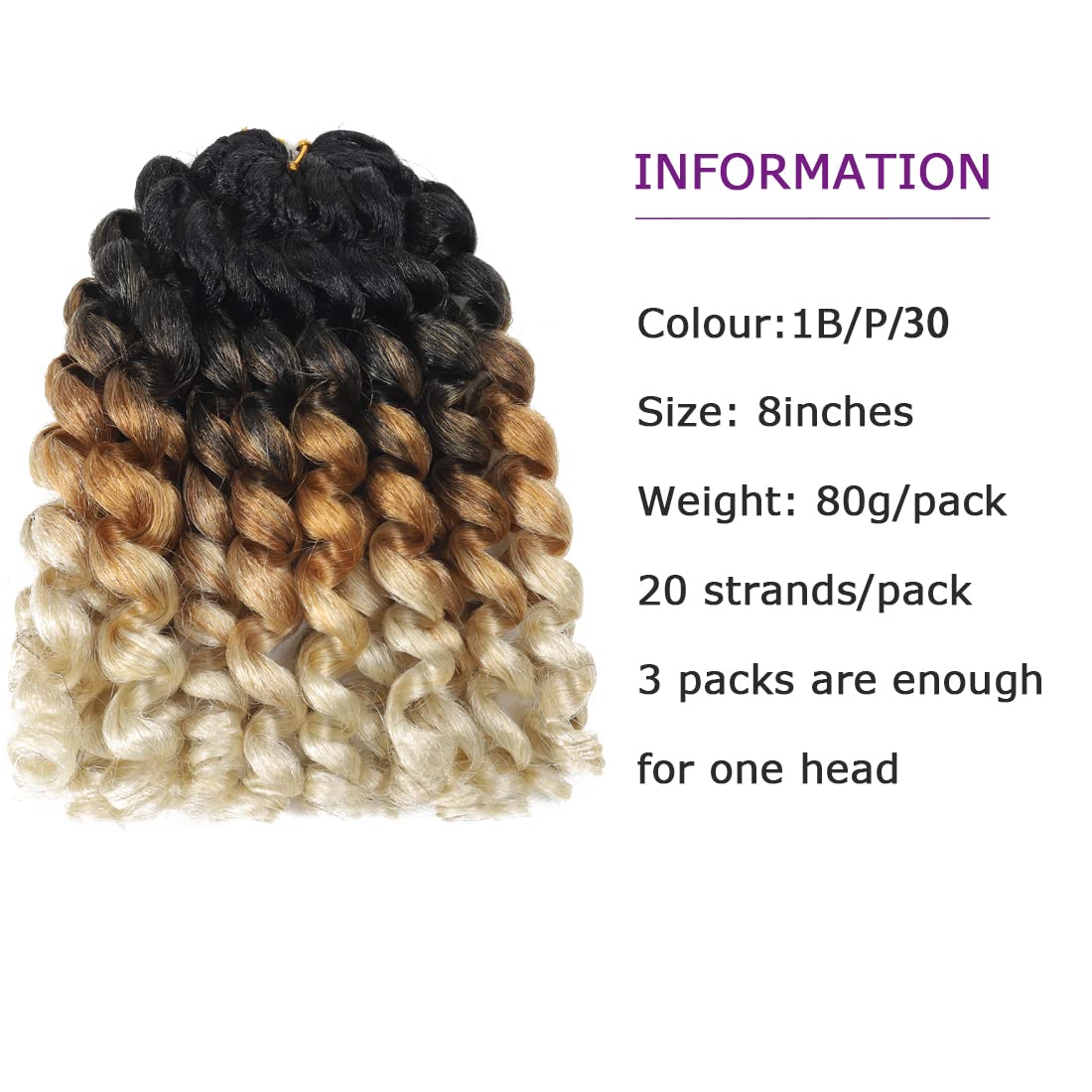 Crochet Braids Hair 8 Inch 3 Pack Jamaican Bounce Wand Curl Crochet Hair Synthetic Braiding Hair Extension Twist Crochet Hair (3 PCS,1B/27/613)