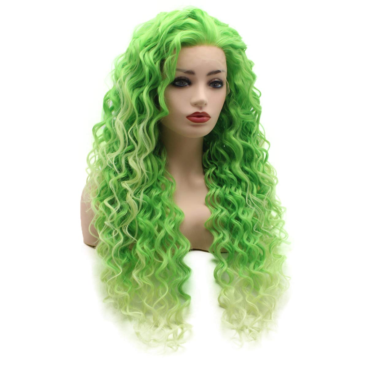 Meiyite Hair Curly Long 26inch Two Tone Green Ombre Heavy Density Realistic Synthetic Lace Front Wigs