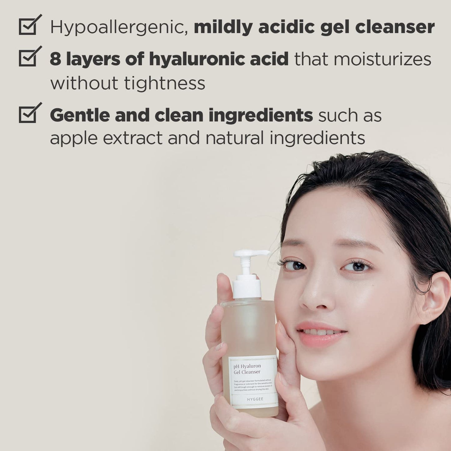 HYGGEE pH Hyaluron Gel Cleanser - Hyaluronic Acid Hydrating Face Wash - pH Balancing Formula for All Skin Types - Hypoallergenic Mild Makeup Cleansing Gel, 6.76 fl.oz.