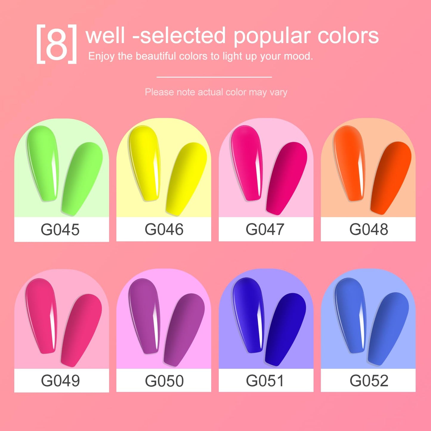 Arousar 8 Colors Gel Nail Polish Set, Neon Yellow Green Pink Orange Purple Blue Series Soak Off Nail Gel Polish, Quick Dry Manicure Art Gift Collection DIY Salon Home, 8Pcs 7.3ML