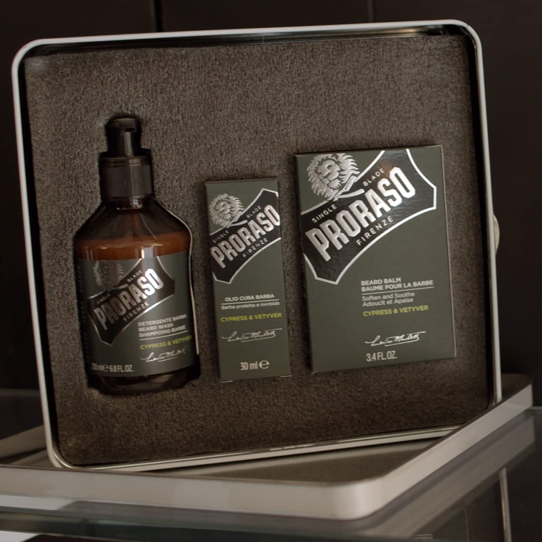 Proraso Beard Care Kit for Men | Cypress & Vetyver Beard Wash, Oil and Balm Gift Set to Cleanse, Soothe and Soften All Beard Lengths & Skin Types