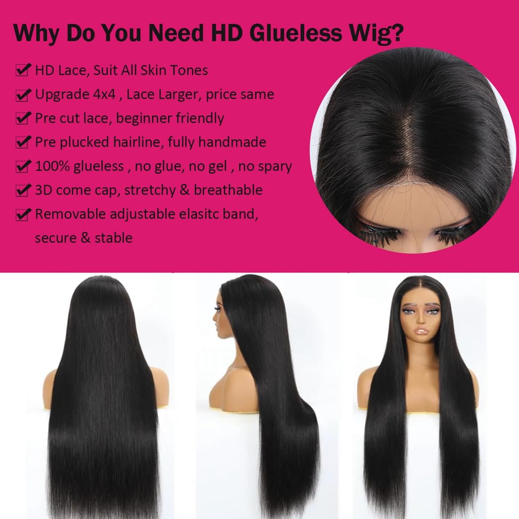 Odir Wear and Go Glueless Wigs Human Hair Pre Plucked Pre Cut 4x4 Lace Closure Wigs 20 Inch Human Hair 180% Density Brazilian Straight Hair HD Lace Front Wigs for Black Women Glueless Wigs