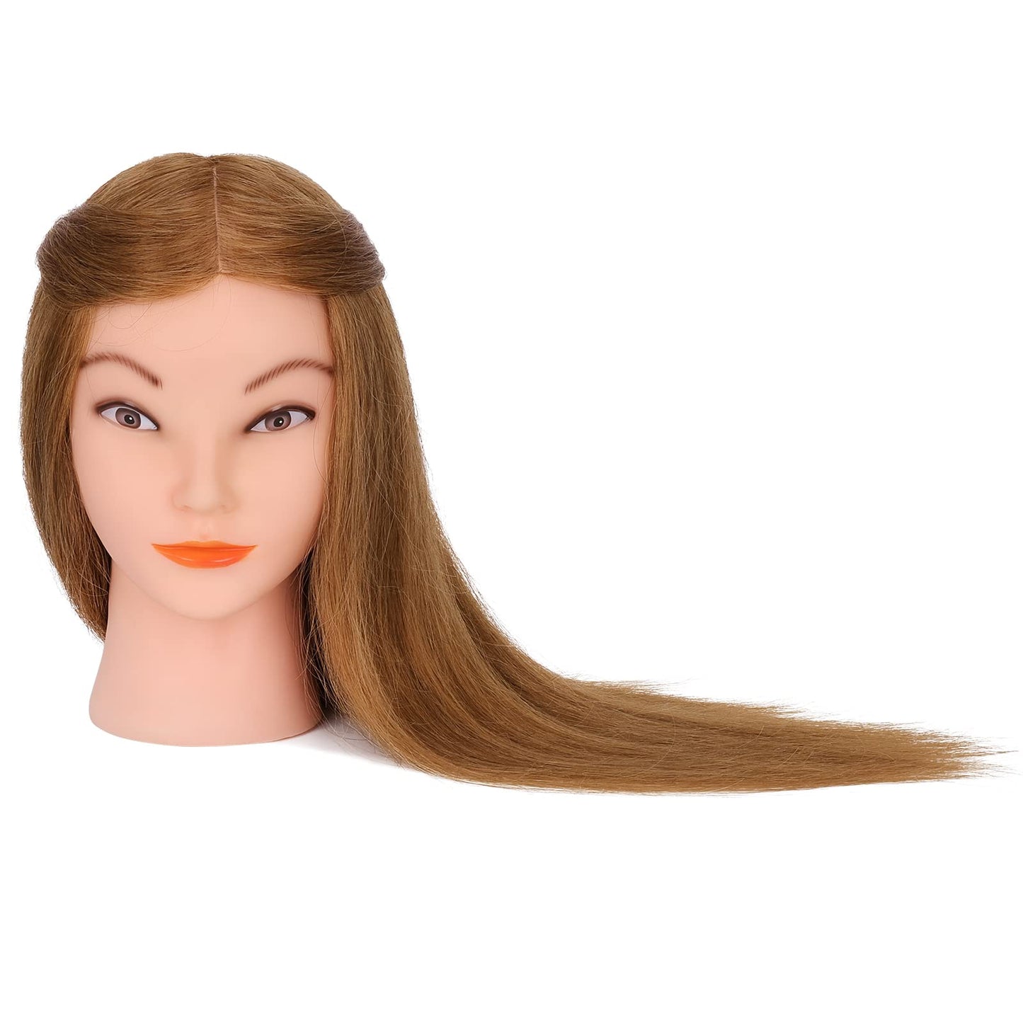 Mannequin Head with 100% Real Hair, TopDirect 18" Brown Real Hair Cosmetology Manikin Head Hair Styling Hairdressing Practice Training Doll Heads with Clamp Holder and Tools