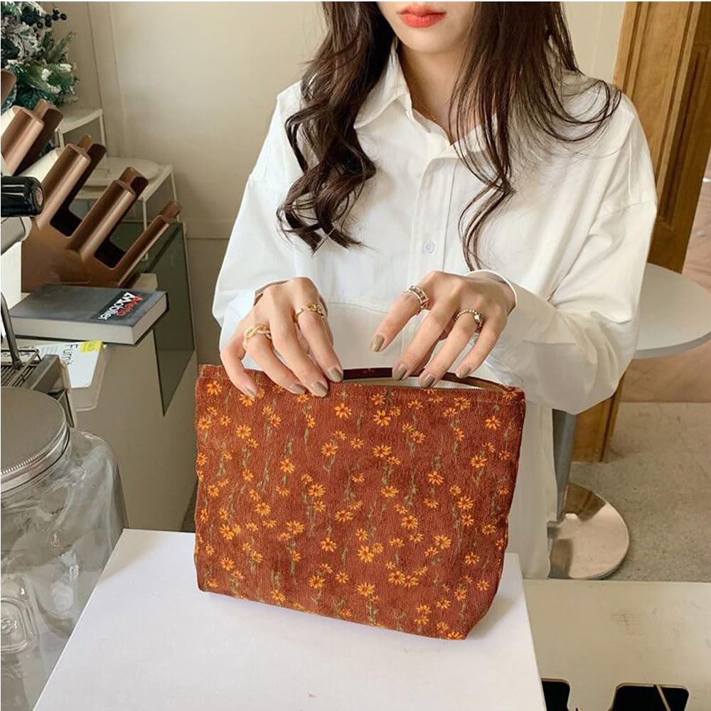 Cosmetic Bags for Women Makeup Bag Large Capacity Purse Travel Toiletry Zipper Storage Pouch Make up Brushes Organizer for Gifts (Daisy, Caramel)