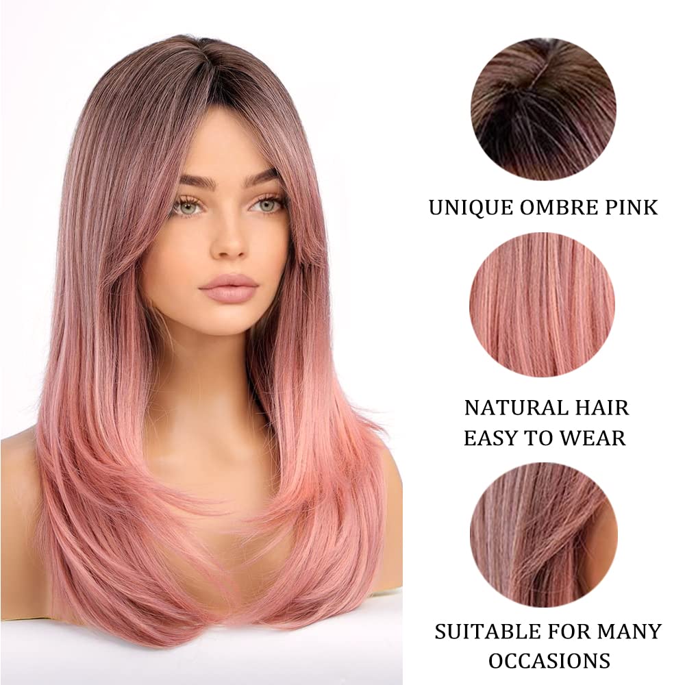 Haoland Pink Wig For Women Colored Wig with Bangs Synthetic Wavy Wig Heat Resistant Layered Wig For Halloween/Party/Cosplay