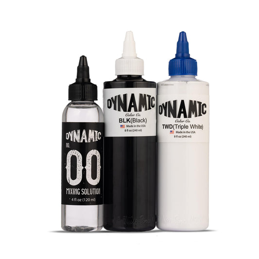 Dynamic Color Co Tattoo Ink Bundle, Dynamic Tattoo Ink 8 oz Black & Triple White, Tinta Dynamic, Dynamic Triple White Tattoo Ink, Tattoo Mixing Solution 4 oz for Tattoo Artists