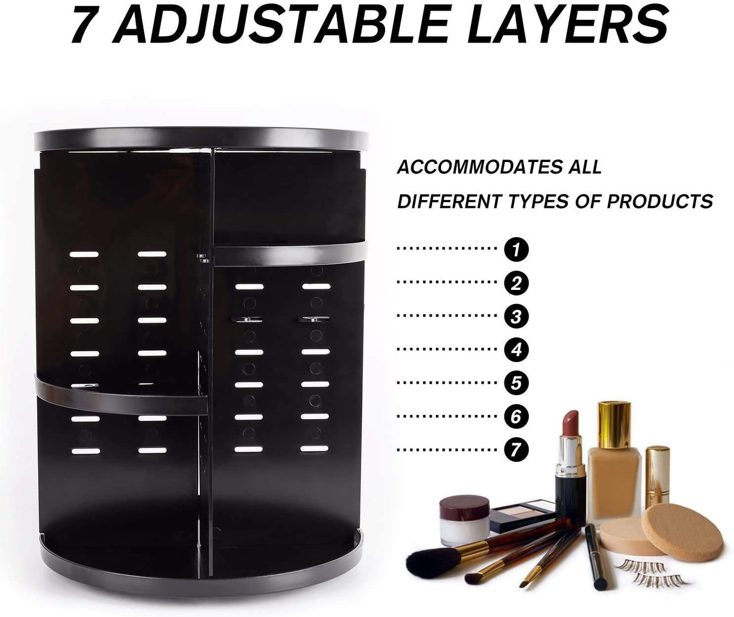 360 Rotating Makeup Organizer,DIY Adjustable Spinning Holder,Foldable Cosmetic Storage Display Cases,Large Capacity Make up Caddy Shelf,Fits Countertop Vanity and Bathroom,Black