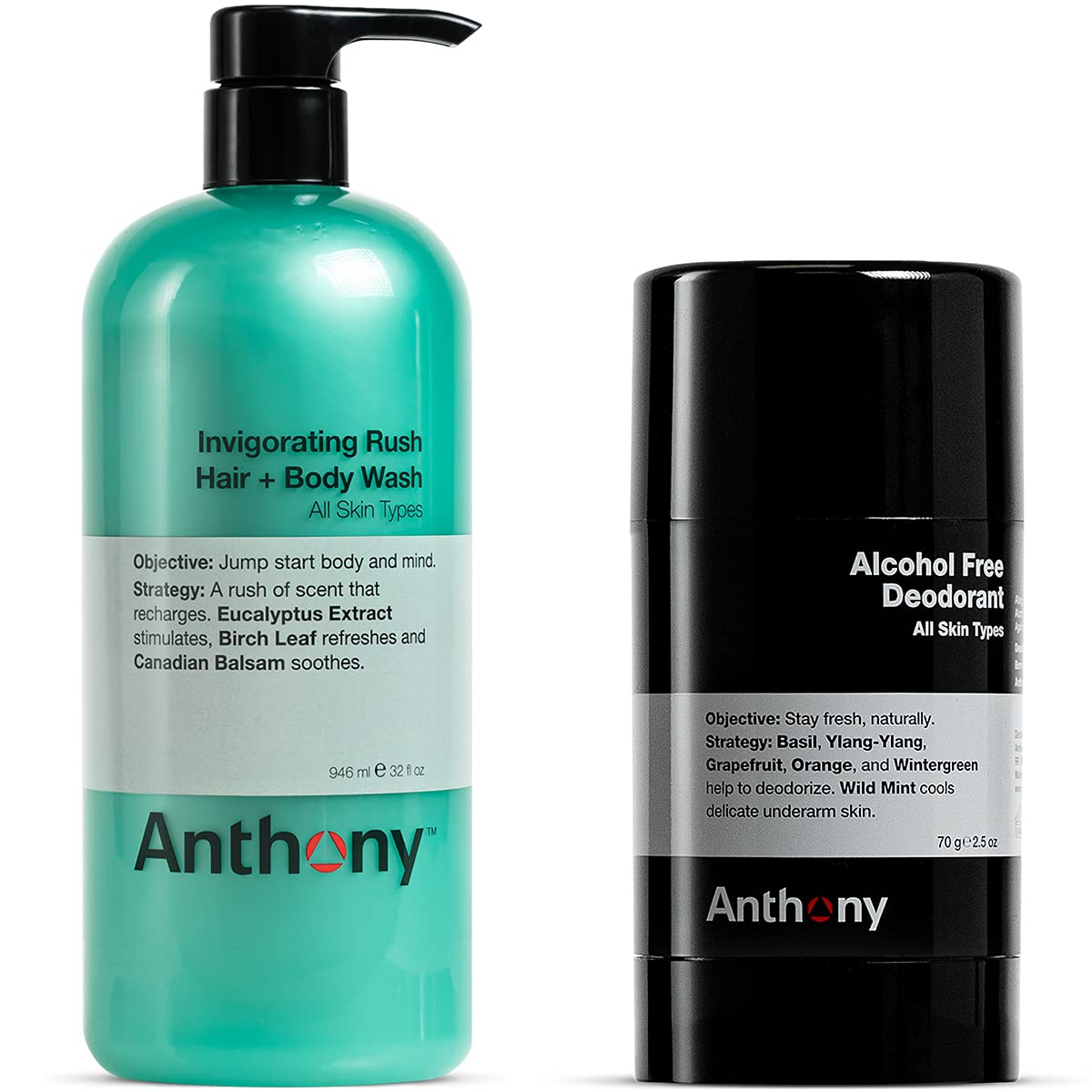 Anthony Alcohol Free Deodorant 2.5 Fl Oz, and Anthony Invigorating Rush Hair and Body Wash, 32 Fl Oz