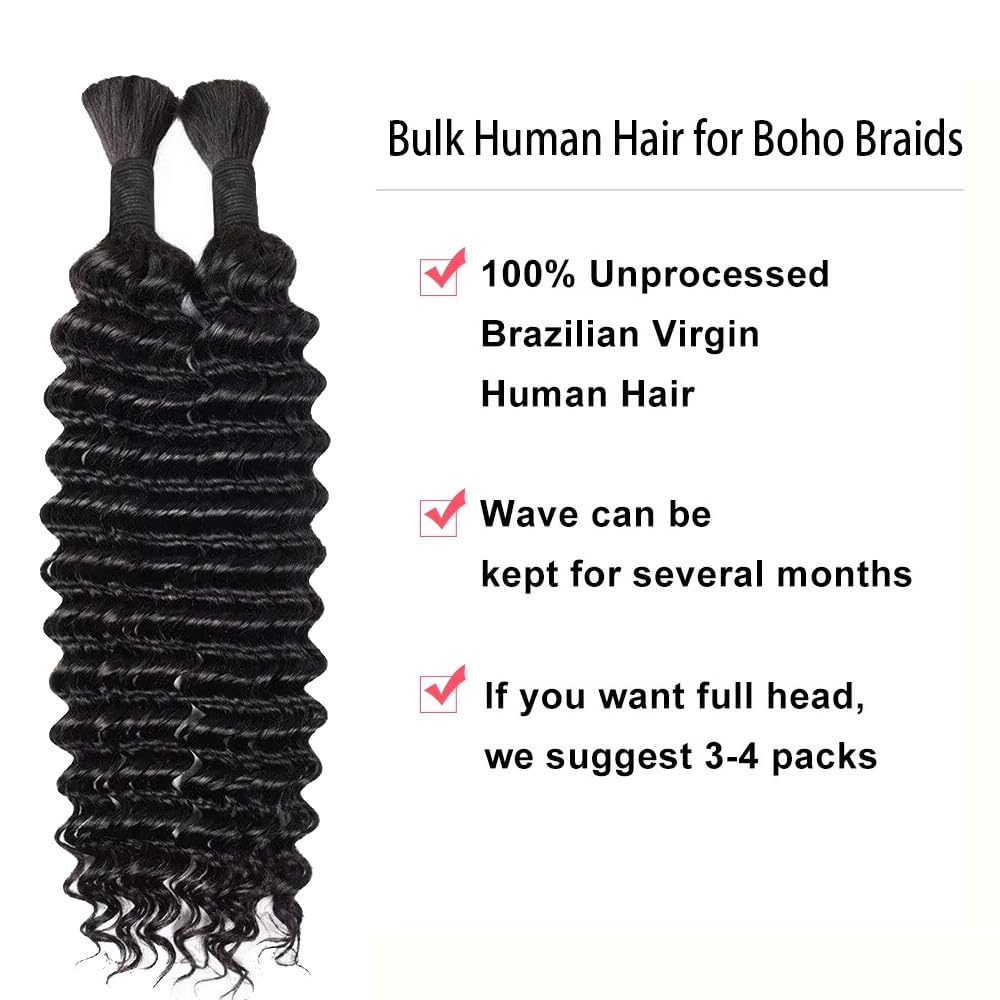 22 Inch Human Braiding Hair for Boho Braids Human Hair 100g 2 Bundles Deep Wave Bulk Human Hair for Braiding No Weft Curly Braiding Hair Bulk Hair Extensions Real Human Hair Natural Color