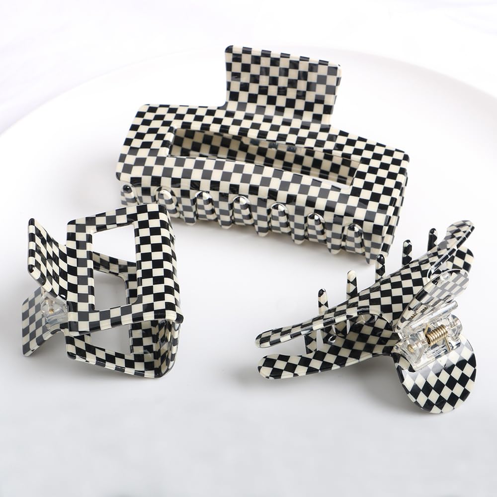 Checkered Hair Claw Clips,Pack of 3,Vintage Black/Beige Checkered Claw Clips Cellulose Acetate Banana Clips,Nonslip Hair Clamp for Women Girls (Black/Beige)