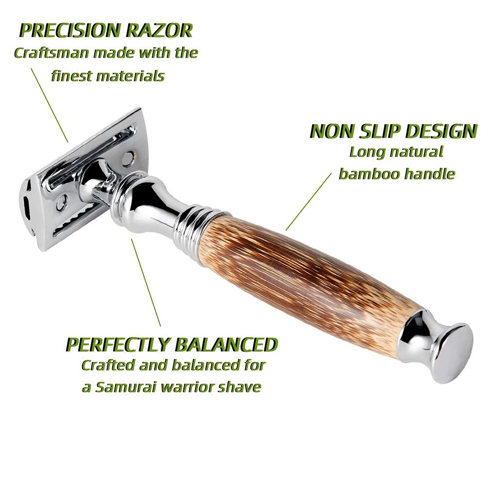 Grandslam Double Edge Safety Razor + 10 Blades Safety Razor with Handmade Long Natural Bamboo Handle Eco Friendly Safety Razors for Women/Men Ladies Shaver