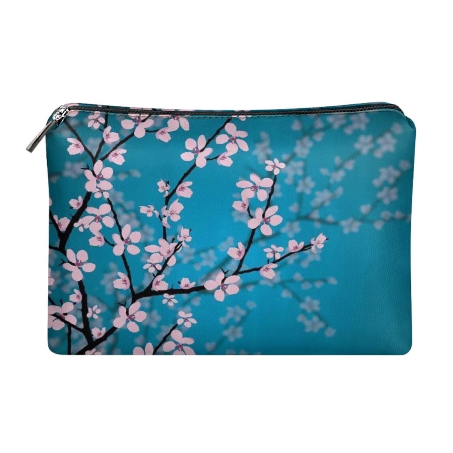 ELEDIZI Cherry Blossom Makeup Bag Blue Floral Cosmetic Bag Portable Travel Toiletry Cosmetic Bag Case for Women Skincare Zipper Bag Cute Makeup Pouch for Purse Clutch Bag for Women Casual Nice Gifts