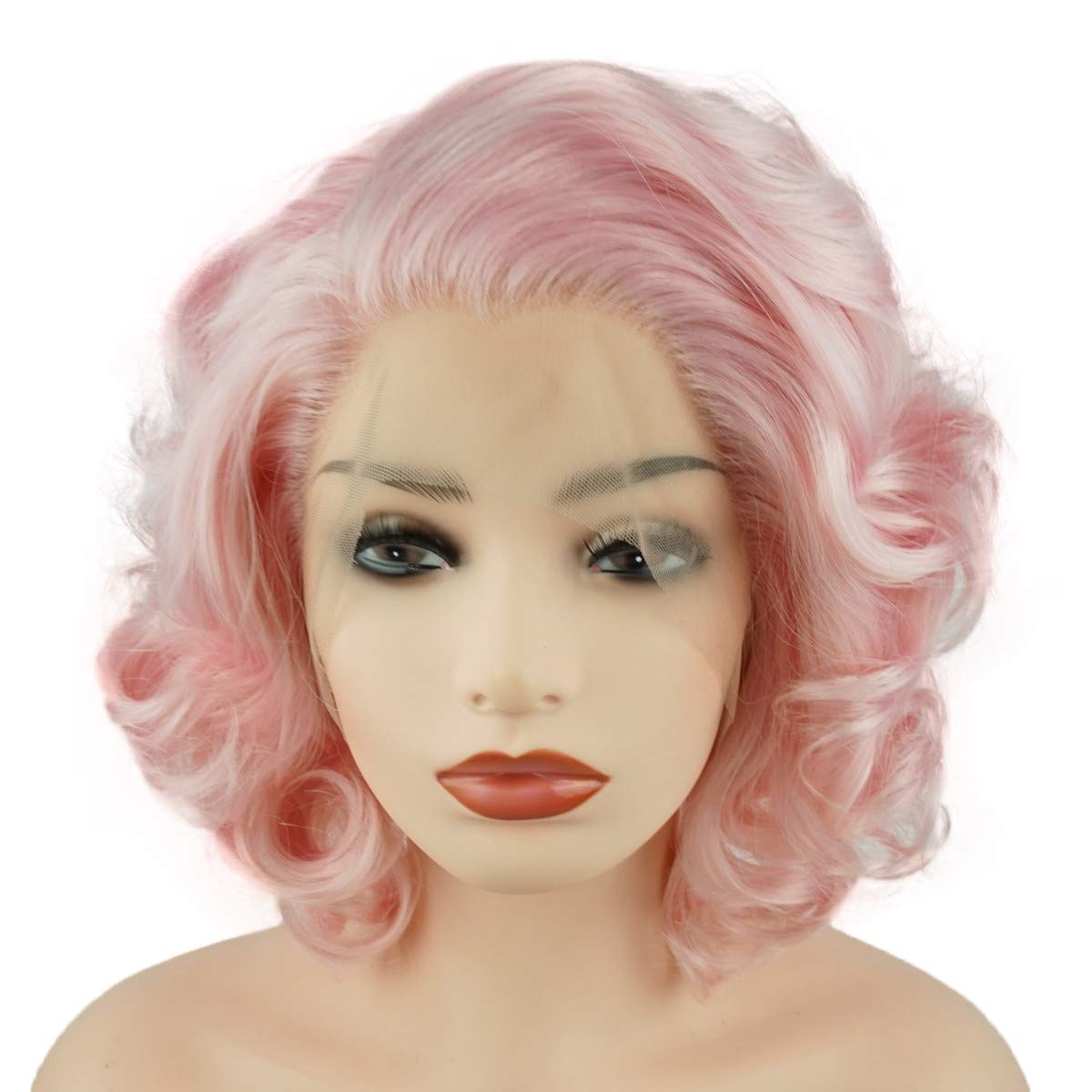 Meiyite Hair Wavy Short 10inch Pink Heavy Density Half Hand Tied Realistic Synthetic Lace Front Wigs