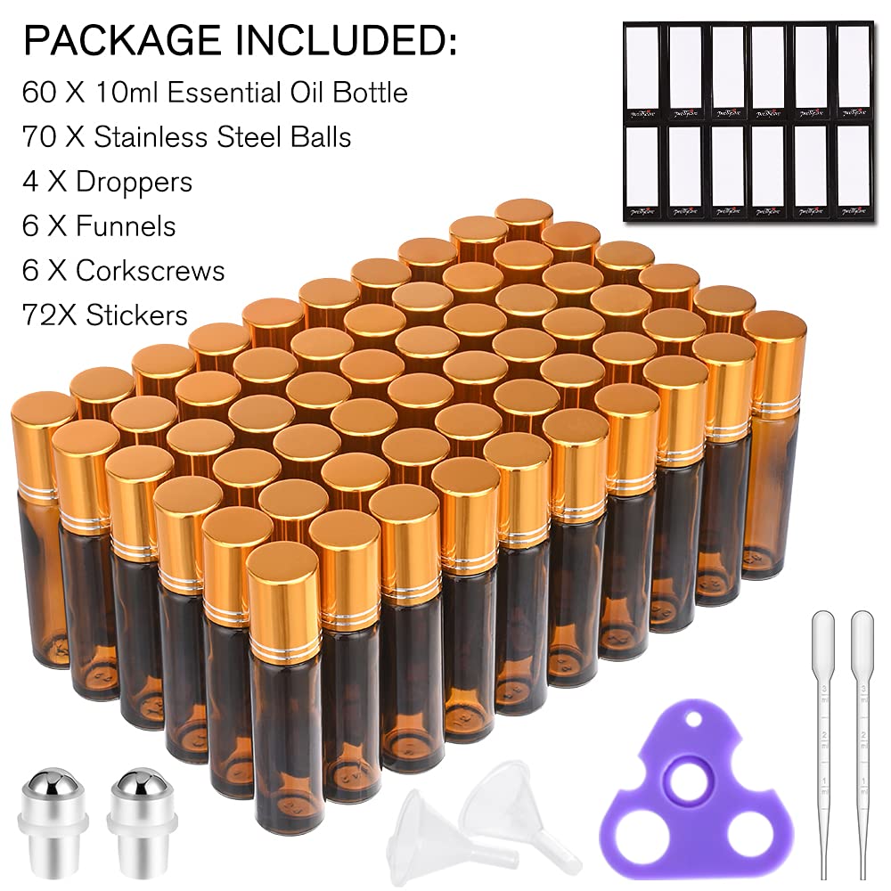 PrettyCare Roller Bottles For Oils 10 ml (Amber Glass, 60 Pack, 10 Extra Stainless Steel Balls, 72 Labels, 4 Opener, 4 Funnels Essential Oil Roller Bottles, Roller on Bottles