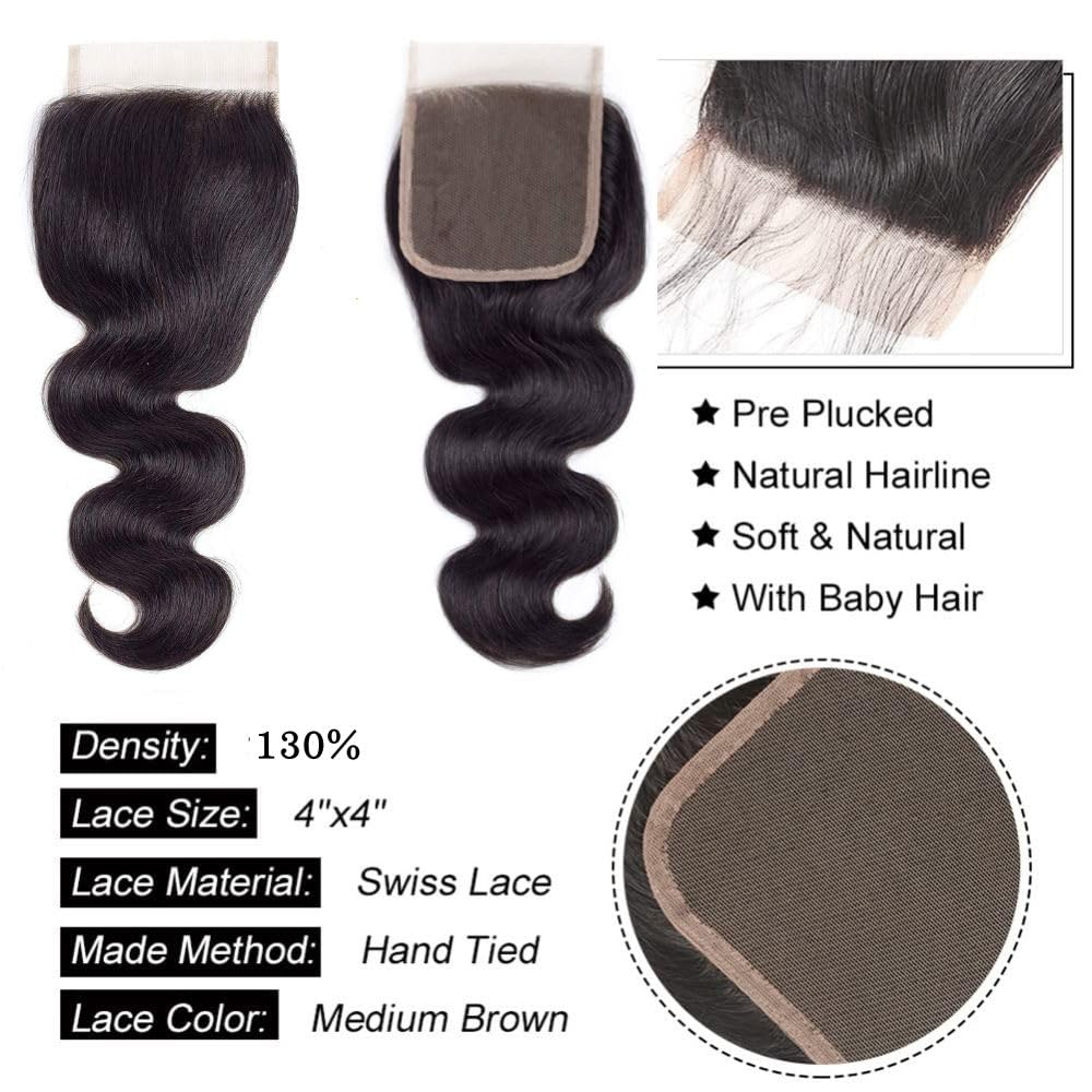 Body Wave Bundles with Closure(10/12/14+10 Free Part Closure) Human Hair 3 Bundles with Free Part Closure Human Hair Braziian Virgin Human Hair Bundles with 4x4 inch Hand-Tied Lace Closure