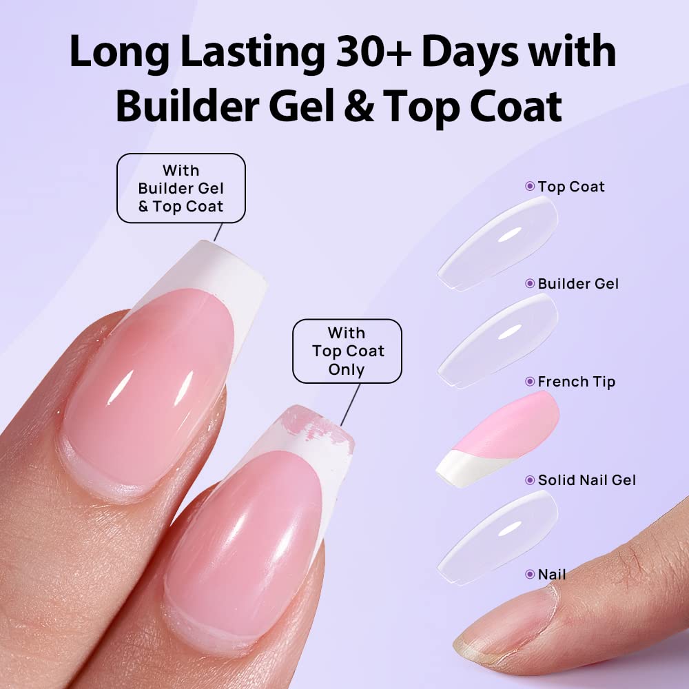 btartboxnails 3 In 1 X-coat Tips - Builder Gel Top Coat Set, Long Square French Tip Press on Nails with Builder Gel Top Coat Gel Glue Set