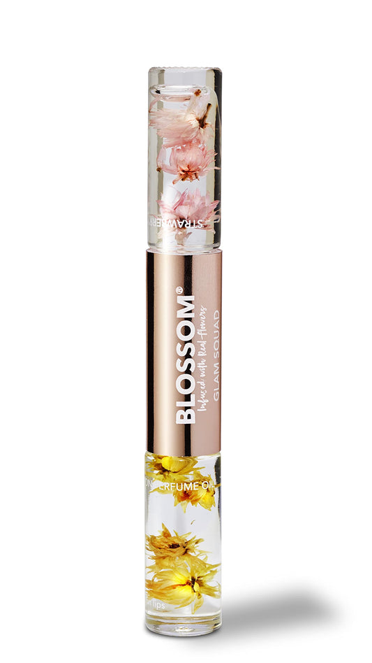 Blossom Glam Squad - Moisturizing Roll on Lip Gloss (0.1 fl. oz/6g) + Roll on Perfume Oil (0.1 fl. oz/6g), Infused with Real Flowers, Made in USA, 0.2 fl. oz./12g, Strawberry/Honey Jasmine