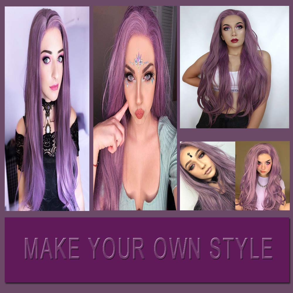 Purple Wigs Long Straight Synthetic Lace Front Wigs for Women Handmade Realistic Looking Wig Ash Lavender Side Part Glueless Wig Heat Friendly Hair Replacement Wigs Cosplay Costume Daily Wigs 24 Inch