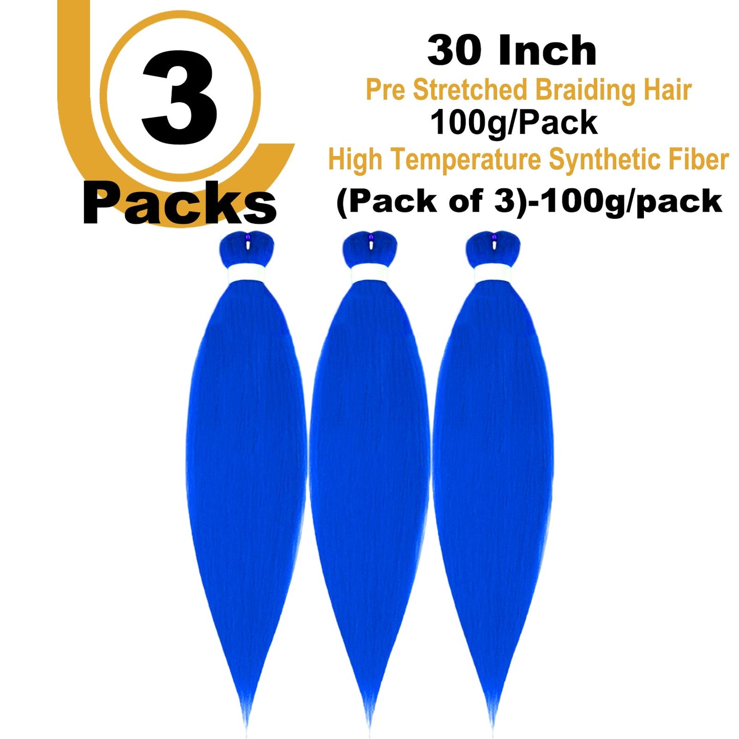 FYRLNA 3 Packs 30 Inch Pre Stretched Braiding Hair High Temperature Synthetic Fiber Pre Stretched Ombre Braiding Hair Hot Water Setting For Crochet Twist Braids (30 Inch (Pack of 3), royal blue)