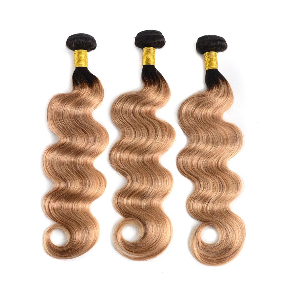 1B/27 Bundles Ombre Highlight Body Wave Human Hair Bundles 8A Grade Brazilian Unprocessed Virgin Hair 3 Bundles 12 12 12 Inch Blonde Body Wave Bundles Remy Human Hair Extensions