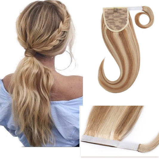 Hairro Ponytail Extensions 100% Human Hair 16 Inch Highlight Wrap up Ponytail Hairpieces for Women Golden Brown Mix Bleach Blonde Long Straight Magic Paste Pony Tail with Comb Balayage #12/613