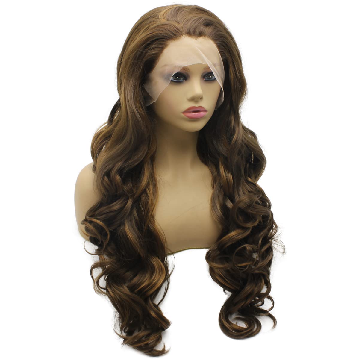 Iewig Long Wavy Highlight Brown Natural Lace Front Wig Synthetic