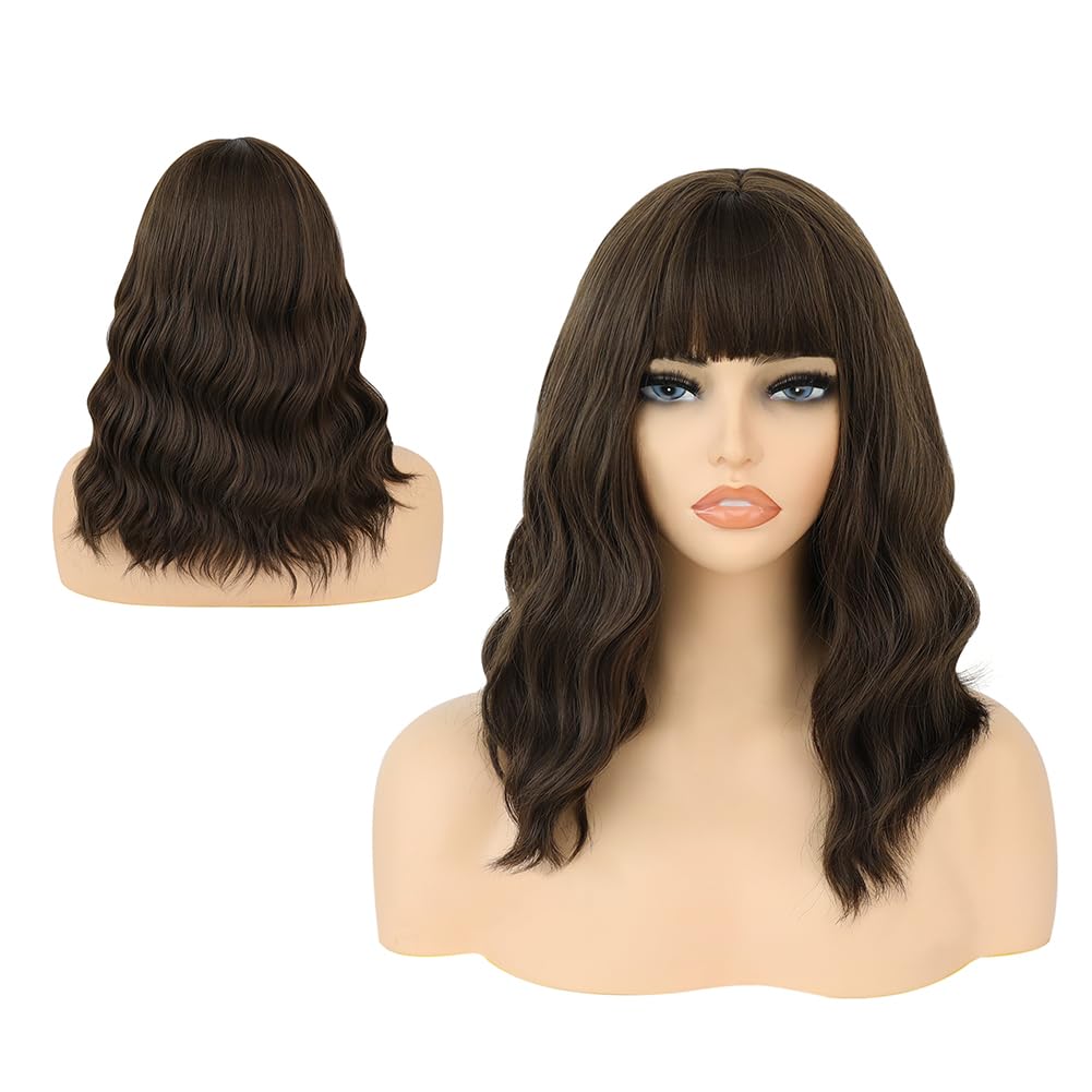 HUAISU Short Curly Hair Wig with Bangs Synthetic High Density Shoulder Length Bob Wavy Wig for Women One Piece Heat Resistant Fluffy Cosplay Wig(Brown, 14inch)