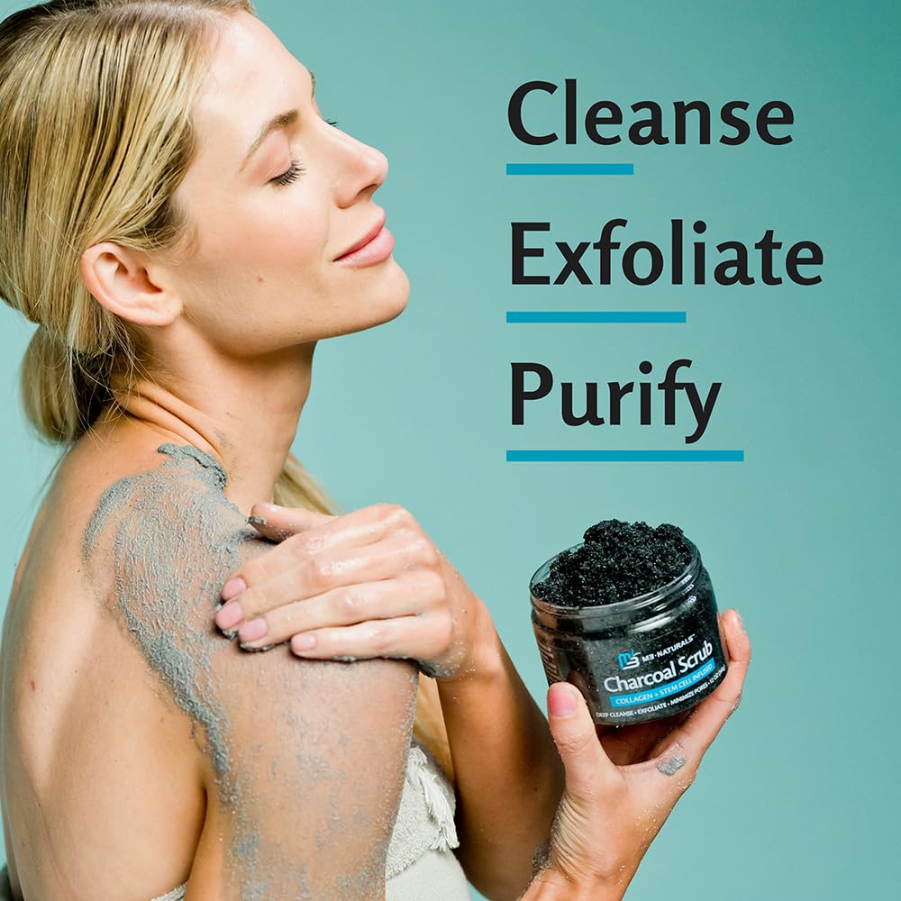 Charcoal Scrub Face Foot & Body Exfoliator Infused with Collagen and Stem Cell Natural Exfoliating Salt Body Scrub for Toning Skin Cellulite Skin Care Body by M3 Naturals