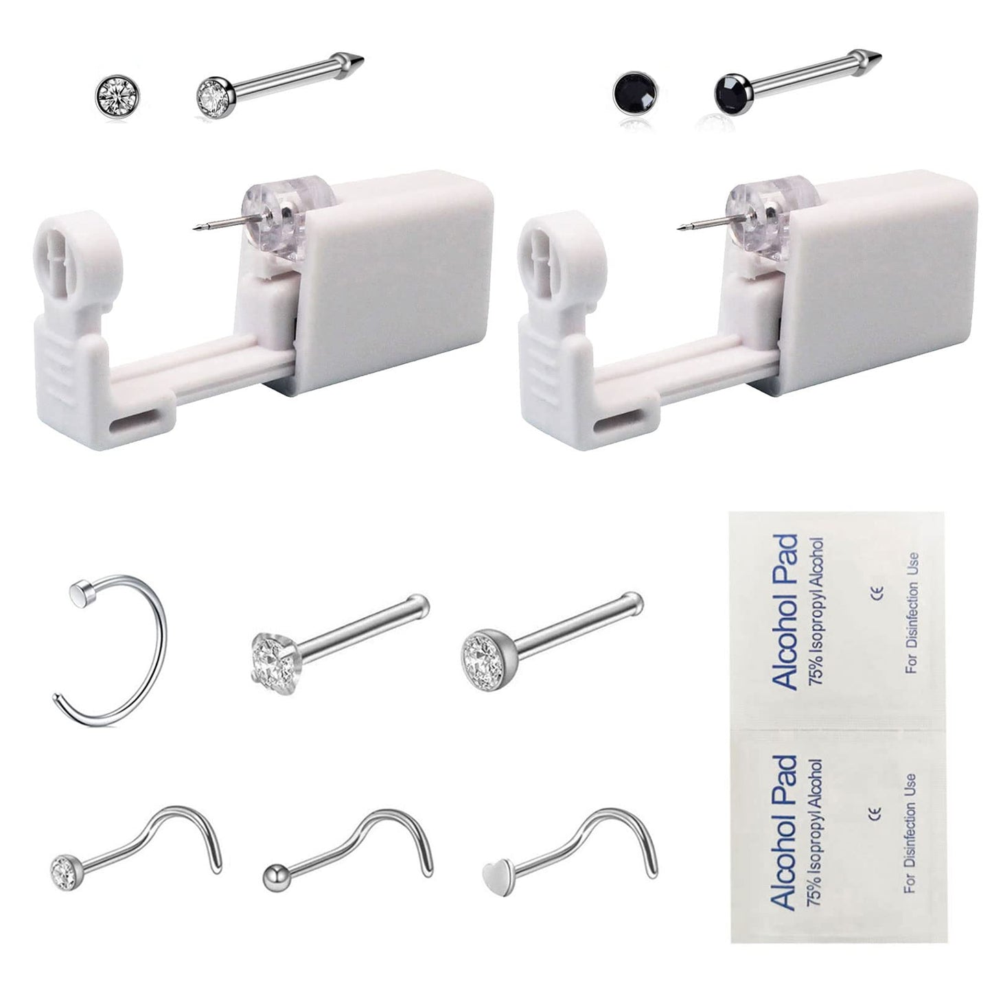 2 Pack Self Nose Piercing Gun Self Nose Piercing Gun Kit Safety Nose Piercing Gun Kit Tool with Nose stud (White)