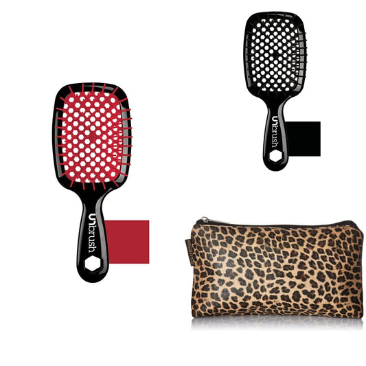 FHI Heat Unbrush Wet & Dry Detangling Hair Brushes with Leopard Carryall Pouch, Red/Black