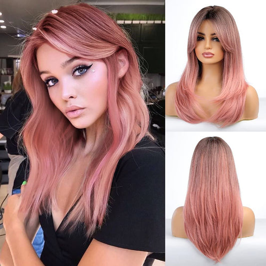 Haoland Pink Wig For Women Colored Wig with Bangs Synthetic Wavy Wig Heat Resistant Layered Wig For Halloween/Party/Cosplay