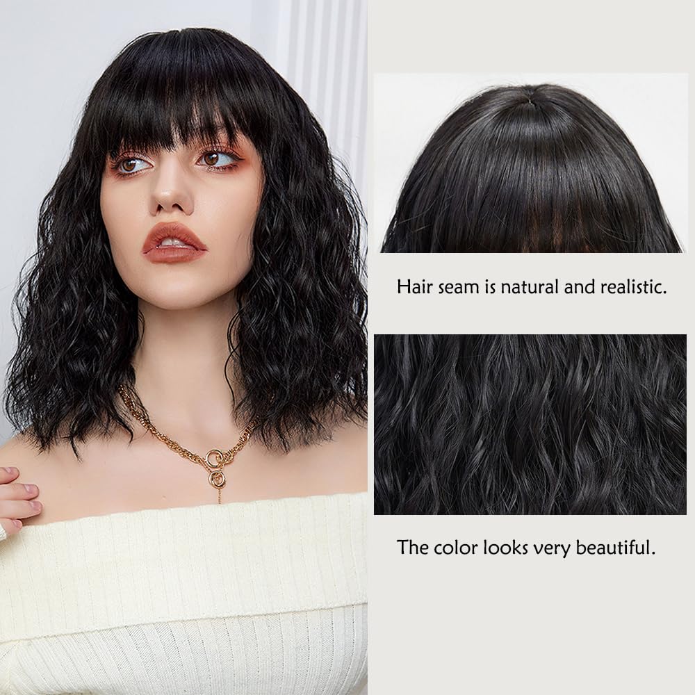 Short Black Hair Wig,Shoulder Length Bob Curly Wavy Black Wig With Bangs for Women, Charming Heat-resistant Synthetic Hair Wigs for Date Daily Use