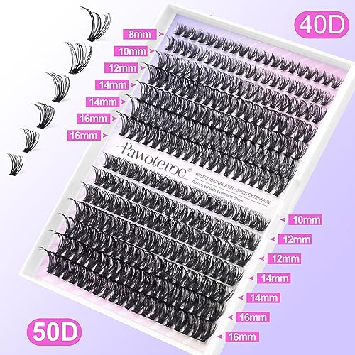 Pawotence DIY Lash Extension Kit Individual Lash Clusters Kit 40D 50D Curl Eyelash Extension Kit 8-16mm Eyelash Clusters with Lash Bond and Seal Lash Tweezers for Beginners (40D50D-0.07D-8-16MIX KIT)