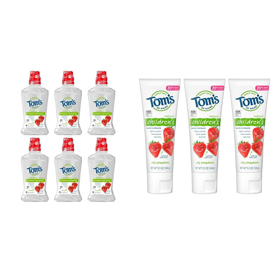 Tom's of Maine Children's Anticavity Fluoride Rinse Mouthwash, Silly Strawberry, 6-Pack + Natural Children's Fluoride Toothpaste, Silly Strawberry, 3-Pack