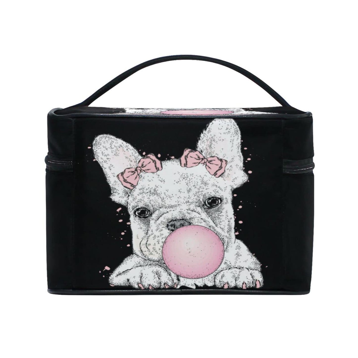 ZOEO Makeup Train Case Pink Bulldog Puppy Bubbles Korean Carrying Portable Zip Travel Cosmetic Brush Bag Organizer Large for Girls Women